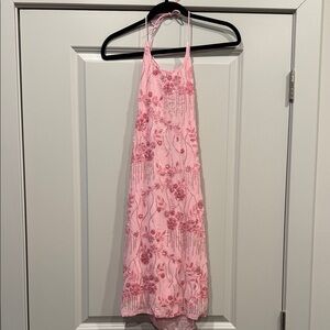 Pink Floral Beaded Halter Dress Open Back